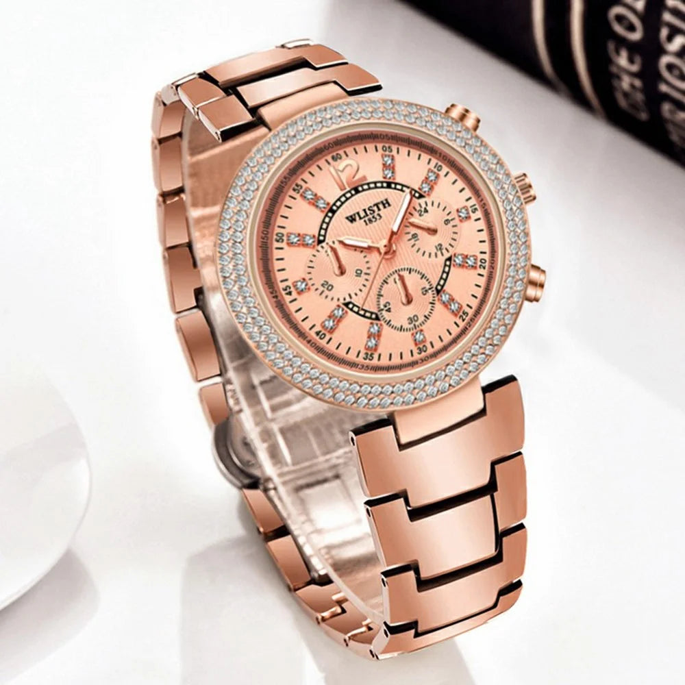 WLISTH 6197 Rhinestone Decor Women Quartz Watch Luminous Round Wrist Watch - Rose Gold Dial - 7