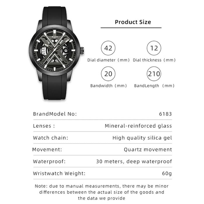 WLISTH 6183 Simple Stylish Luminous Quartz Watch with Silicone Strap - Black - 7