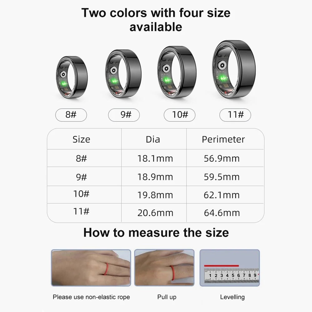 R02 IP68 Waterproof Sleep Tracker Blood Oxygen Heart Rate Monitor Smart Ring ( Magnetic Cable Charging ) - Black  /  Size 8 - 7