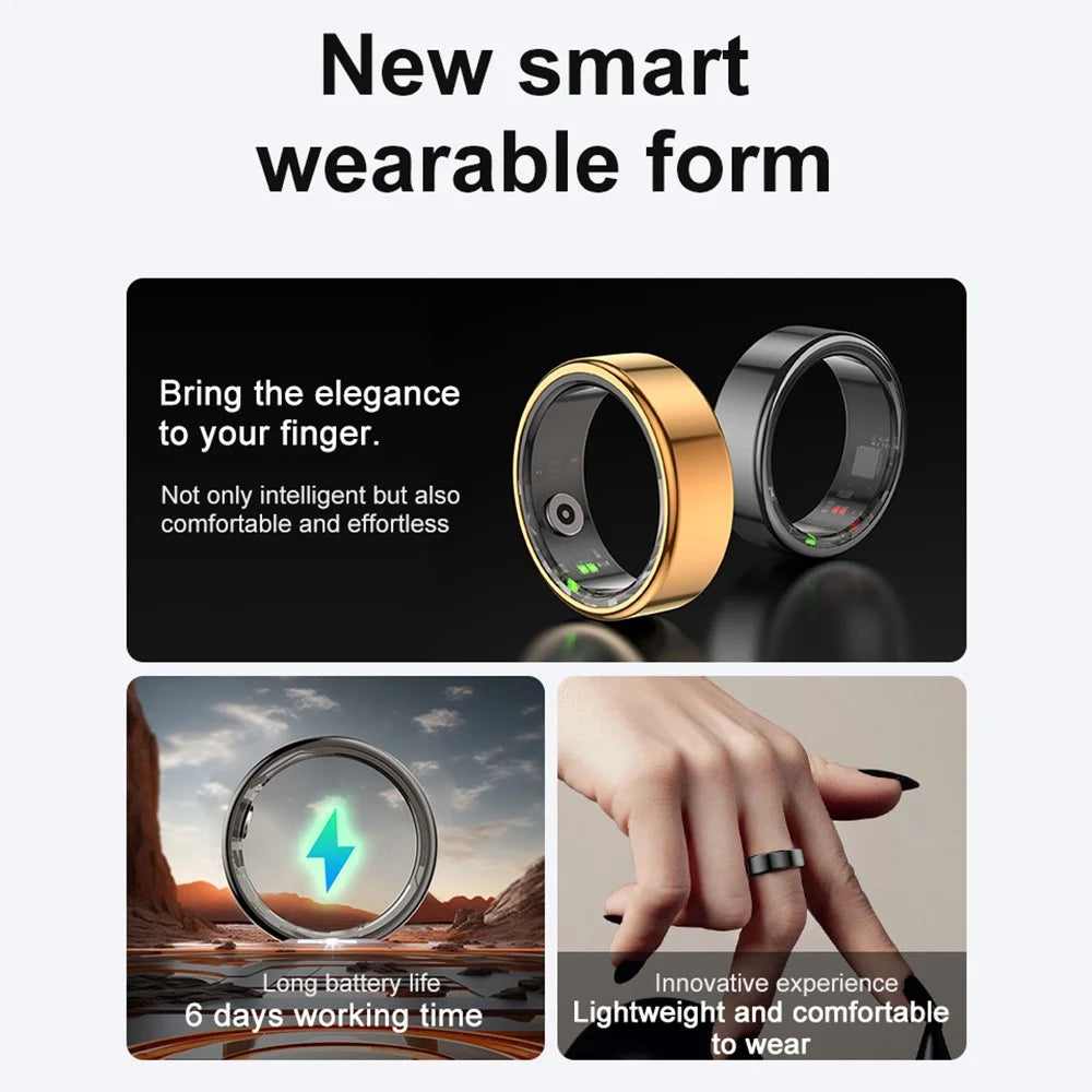 R02 IP68 Waterproof Sleep Tracker Blood Oxygen Heart Rate Monitor Smart Ring with Charging Case - Black  /  Size 8 - 3