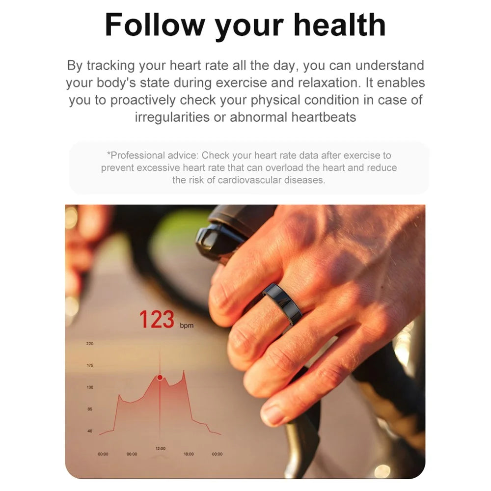 R02 IP68 Waterproof Sleep Tracker Blood Oxygen Heart Rate Monitor Smart Ring with Charging Case - Black  /  Size 8 - 5
