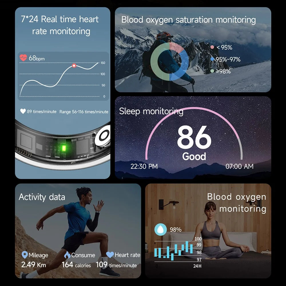 SR09 Blood Oxygen Heart Rate Health Monitor Smart Ring Sports Tracker Ring ( Magnetic Cable Charging ) - Bright Silver / Size 8 - 3
