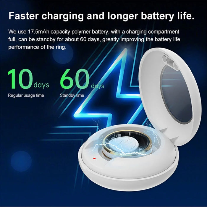 SR09 Blood Oxygen Heart Rate Health Monitor Smart Ring Sports Tracker Ring with Charging Case - Bright Silver / Size 8 - 2