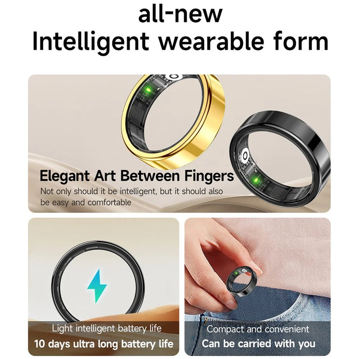 SR09 Blood Oxygen Heart Rate Health Monitor Smart Ring Sports Tracker Ring with Charging Case - Bright Silver / Size 8 - 3