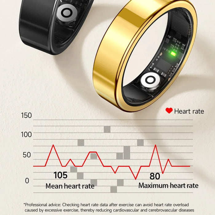SR09 Blood Oxygen Heart Rate Health Monitor Smart Ring Sports Tracker Ring with Charging Case - Bright Silver / Size 8 - 6
