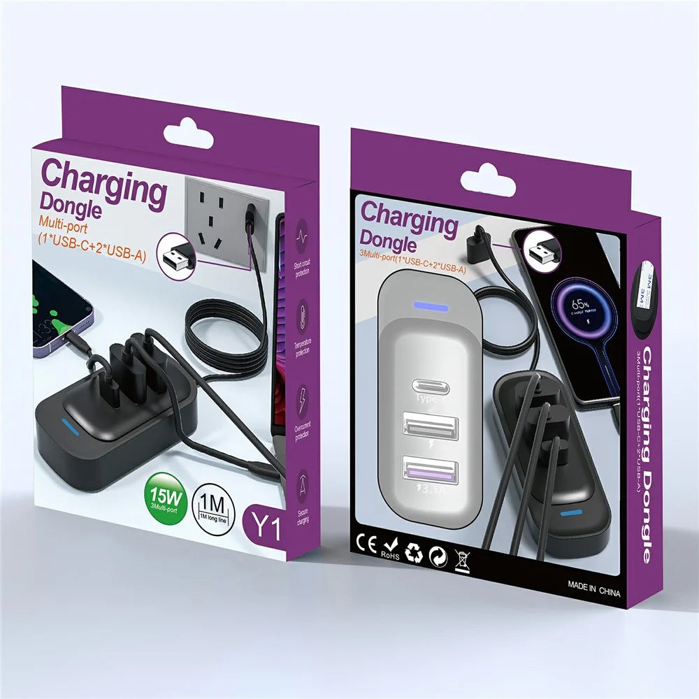 Y1 Type C + Dual USB Car Rear Seat Charger Fast Charging Adapter with 1m Extension Cable - 2