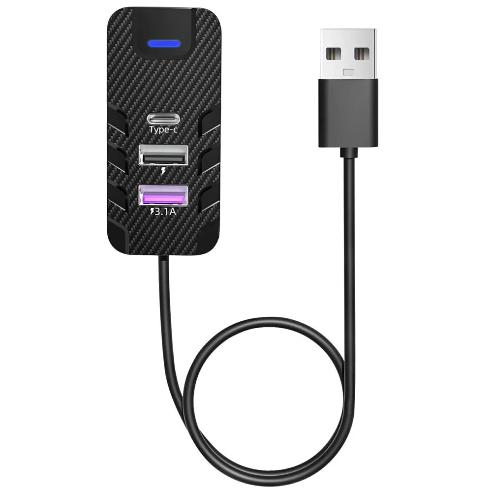 Y2 Type C + Dual USB Carbon Fiber Texture Car Rear Seat Charger Adapter with 1m Extension Cable - 1