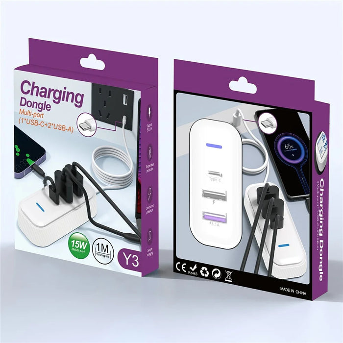 Y3 Car Rear Seat Charger Type C + Dual USB Fast Charging Adapter with 1m Extension Cable - 2