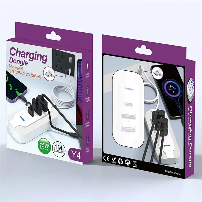 Y4 Car Rear Seat Multi Port Power Expander Type C + Dual USB Fast Charger with 1m Extension Cable - 3