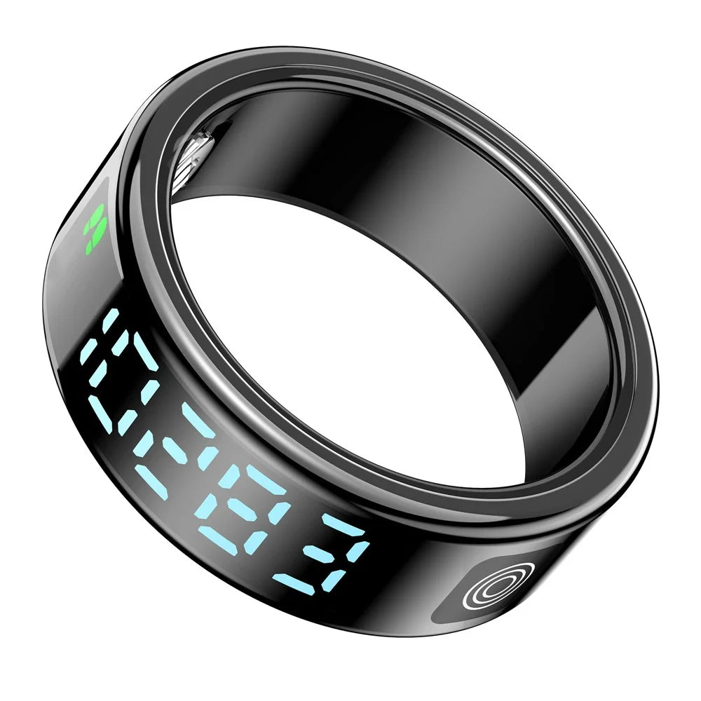 SR08 Digital Display Smart Ring Sleep Tracker Blood Oxygen Heart Rate Monitor Ring ( Magnetic Cable Charging ) - Bright Black  /  Size 8 - 1