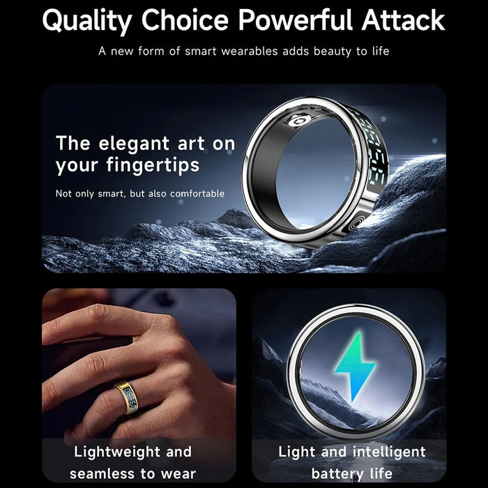 SR08 Digital Display Smart Ring Sleep Tracker Blood Oxygen Heart Rate Monitor Ring ( Magnetic Cable Charging ) - Bright Black  /  Size 8 - 4