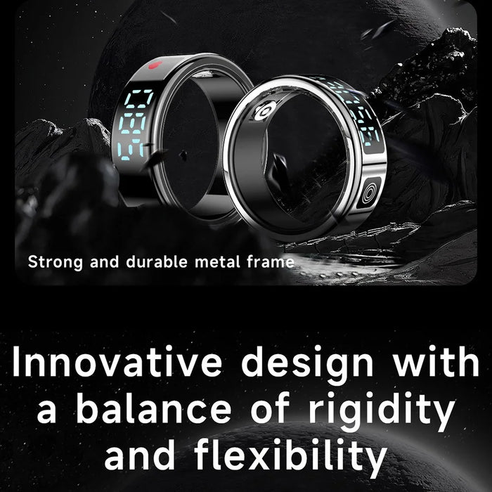 SR08 Digital Display Smart Ring Sleep Tracker Blood Oxygen Heart Rate Monitor Ring ( Magnetic Cable Charging ) - Bright Black  /  Size 8 - 5