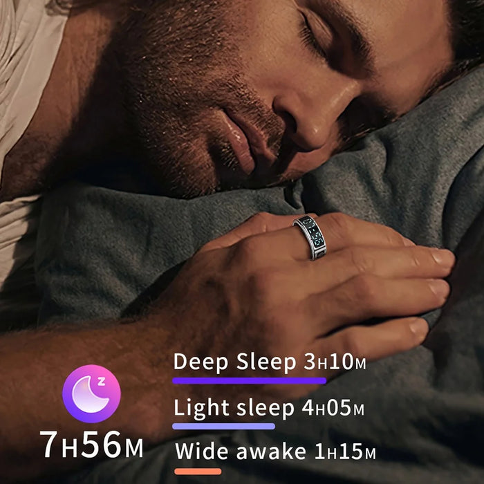SR08 Digital Display Smart Ring Sleep Tracker Blood Oxygen Heart Rate Monitor Ring ( Magnetic Cable Charging ) - Bright Black  /  Size 8 - 6