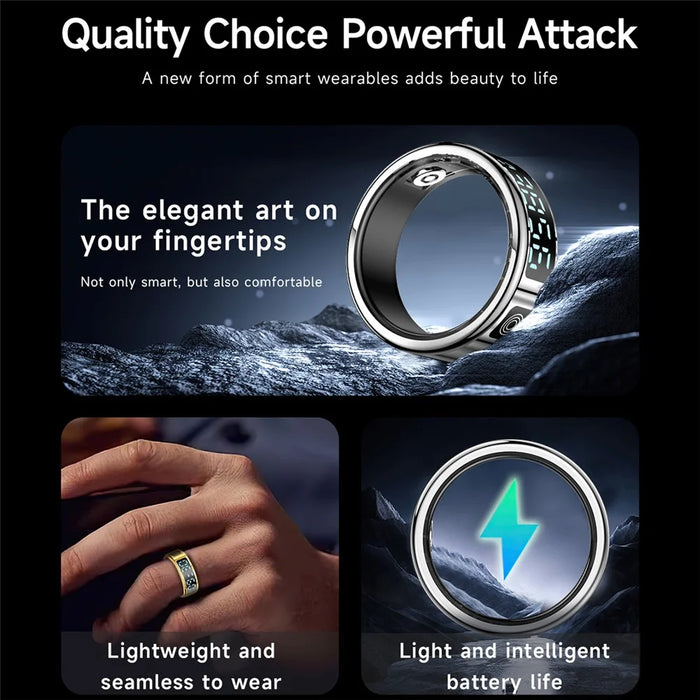 SR08 Digital Display Smart Ring Sleep Tracker Blood Oxygen Heart Rate Monitor Ring with Charging Case - Bright Black / Size 8 - 4