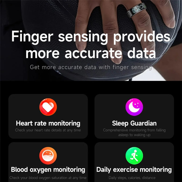 SR08 Digital Display Smart Ring Sleep Tracker Blood Oxygen Heart Rate Monitor Ring with Charging Case - Bright Black / Size 8 - 5