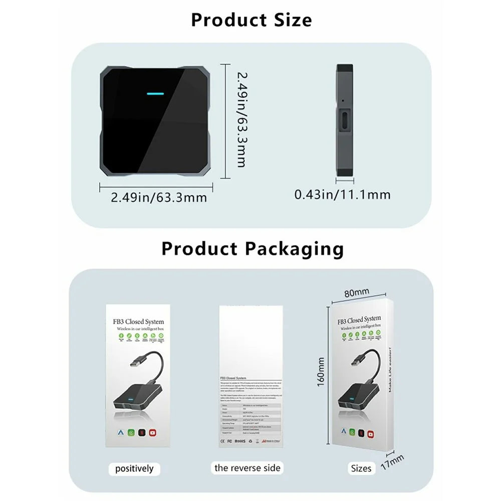 FB3 Wireless Car Play Adapter Box for Wired Car Systems Bluetooth-compatible 5.0 WiFi 5.8G Quad-Core A53 Processor - 6
