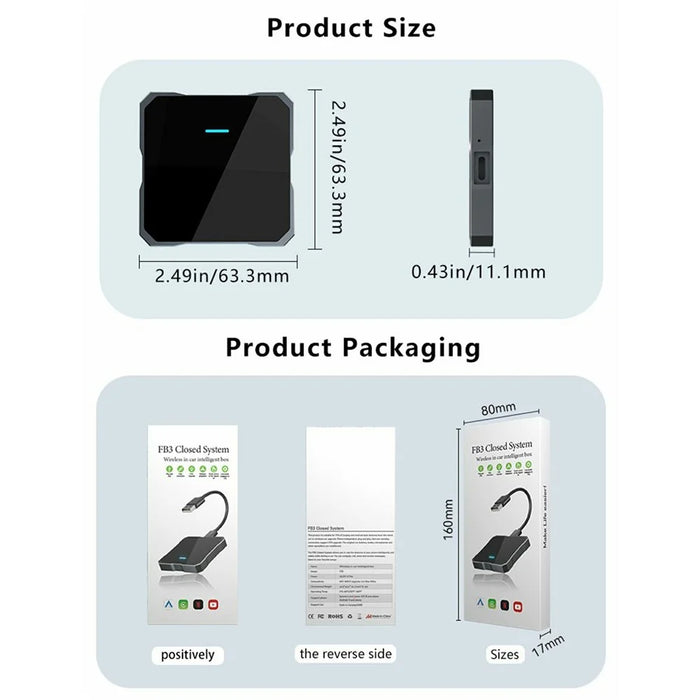 FB3 Wireless Car Play Adapter Box for Wired Car Systems Bluetooth-compatible 5.0 WiFi 5.8G Quad-Core A53 Processor - 6
