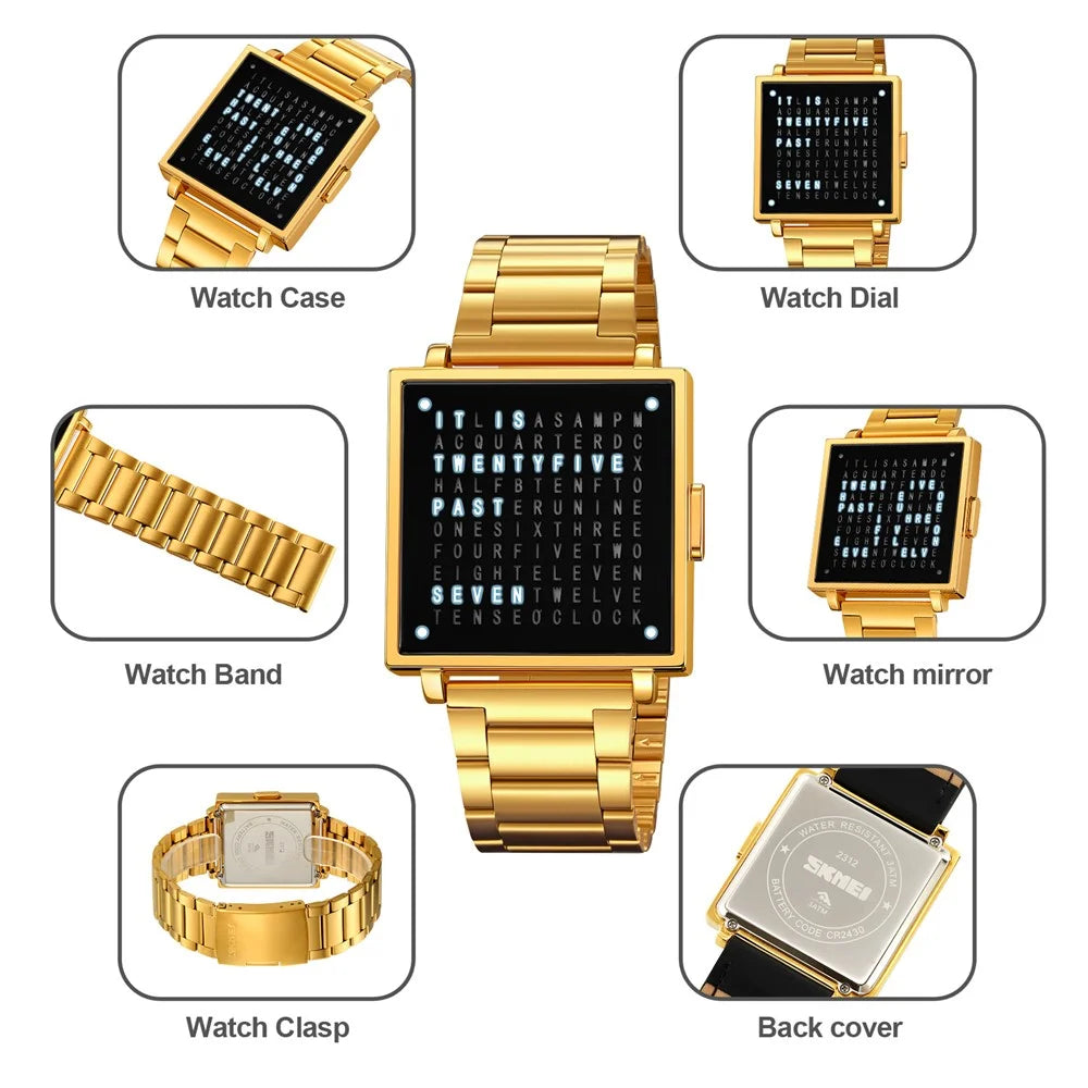 SKMEI 2312 Multifunctional Electronic Watch Date Display Square Digital Wristwatch for Men - Silver / Leather Strap - 5