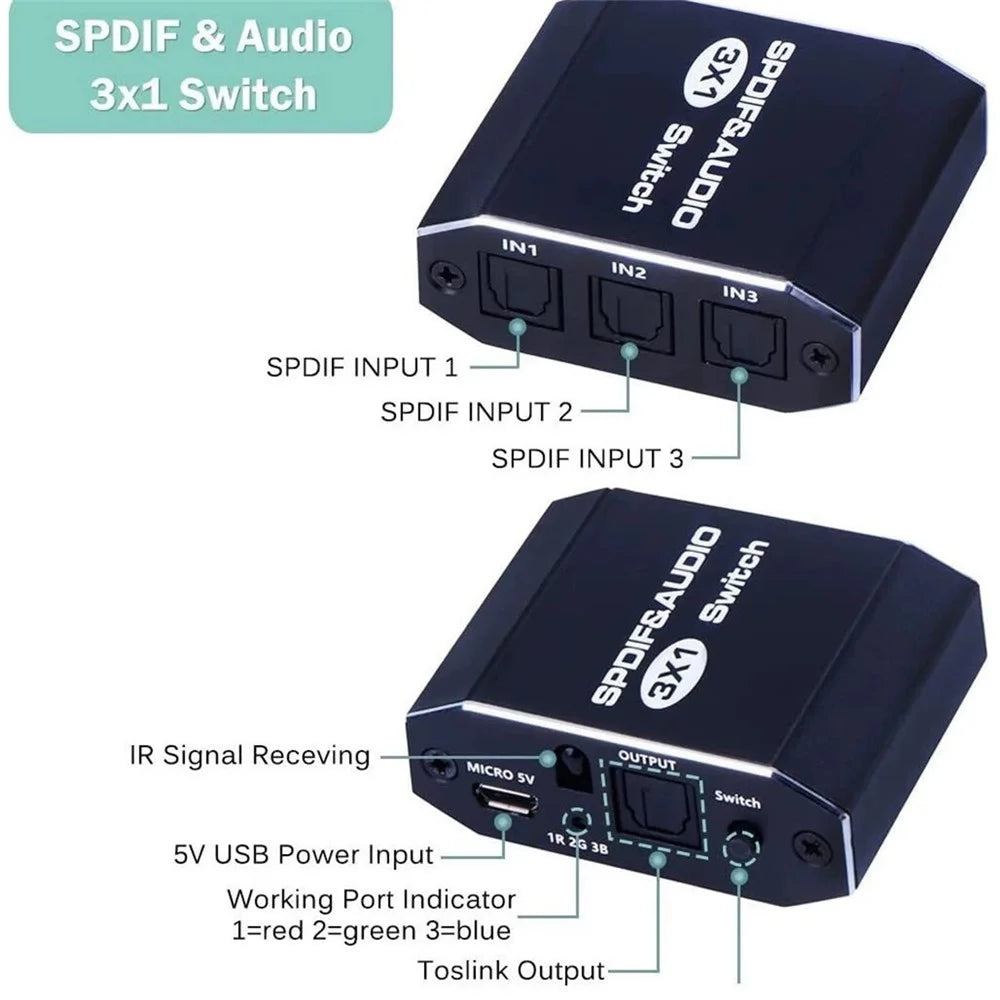 VG2 3x1 Audio Switcher SPDIF Optical Switch 3 In 1 Out Digital Toslink Selector for Home Theater Systems - 4