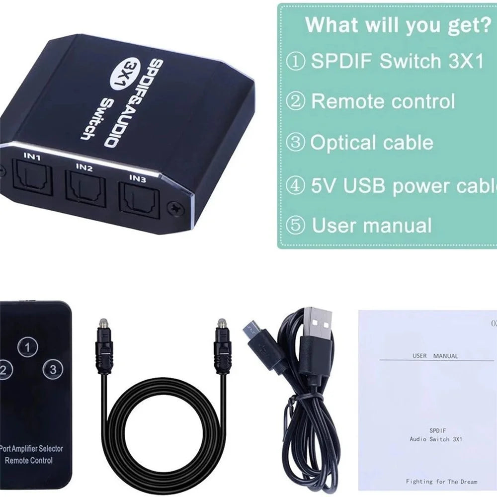 VG2 3x1 Audio Switcher SPDIF Optical Switch 3 In 1 Out Digital Toslink Selector for Home Theater Systems - 5