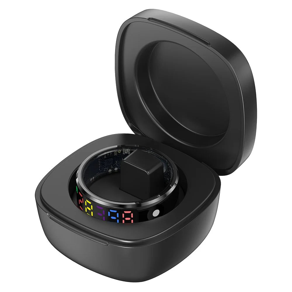 R12 5ATM Waterproof Digital Display Smart Ring Sleep Tracker Blood Oxygen Heart Rate Monitor with Charging Case - Black  /  Size 8 - 1