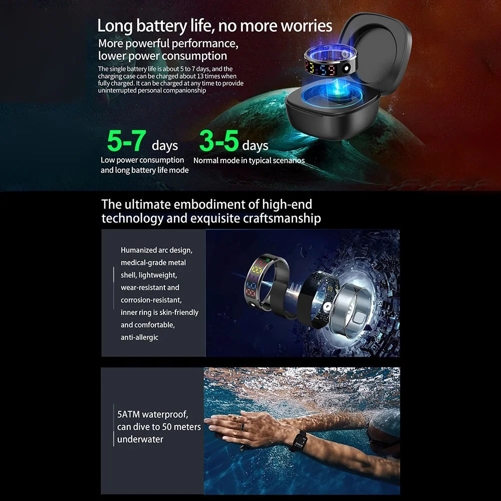 R12 5ATM Waterproof Digital Display Smart Ring Sleep Tracker Blood Oxygen Heart Rate Monitor with Charging Case - Black  /  Size 8 - 6
