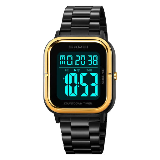 SKMEI 2316 50m Waterproof Digital Watch Square Electronic Wristwatch with EL Backlight and Stopwatch - Gold+Black / Steel Strap - 1