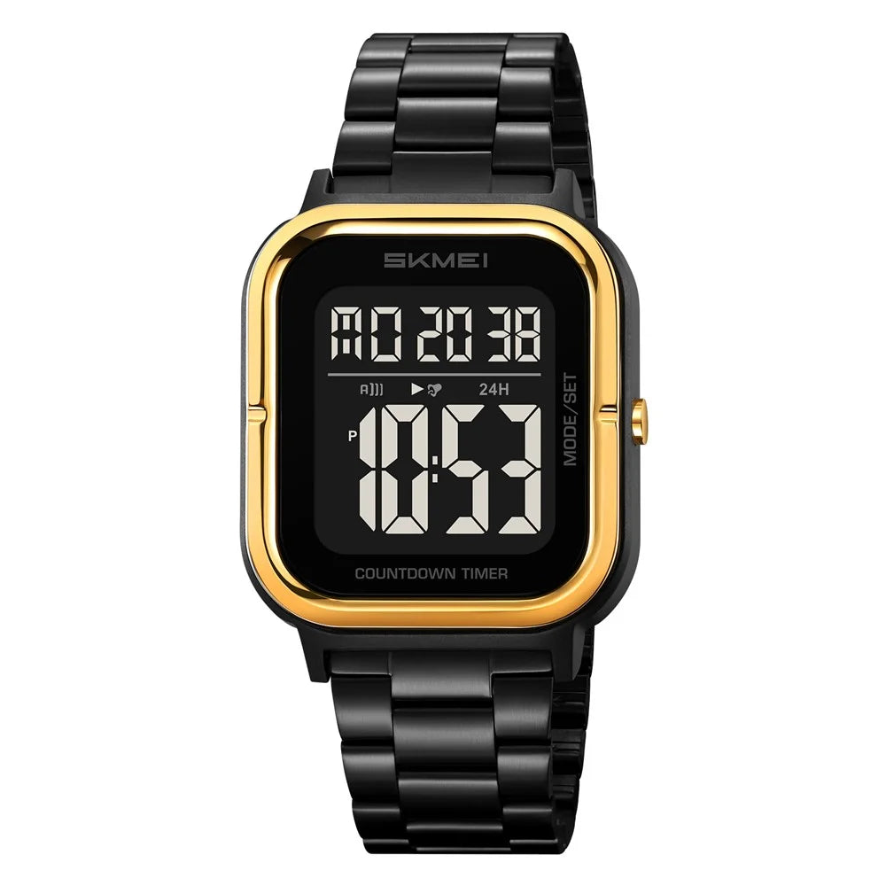 SKMEI 2316 50m Waterproof Digital Watch Square Electronic Wristwatch with EL Backlight and Stopwatch - Gold+Black / Steel Strap - 2