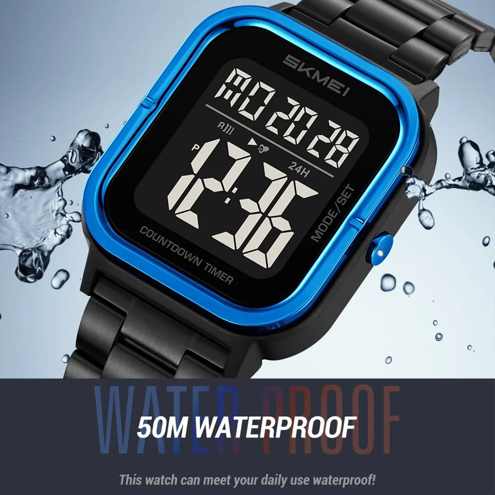 SKMEI 2316 50m Waterproof Digital Watch Square Electronic Wristwatch with EL Backlight and Stopwatch - Gold+Black / Steel Strap - 4