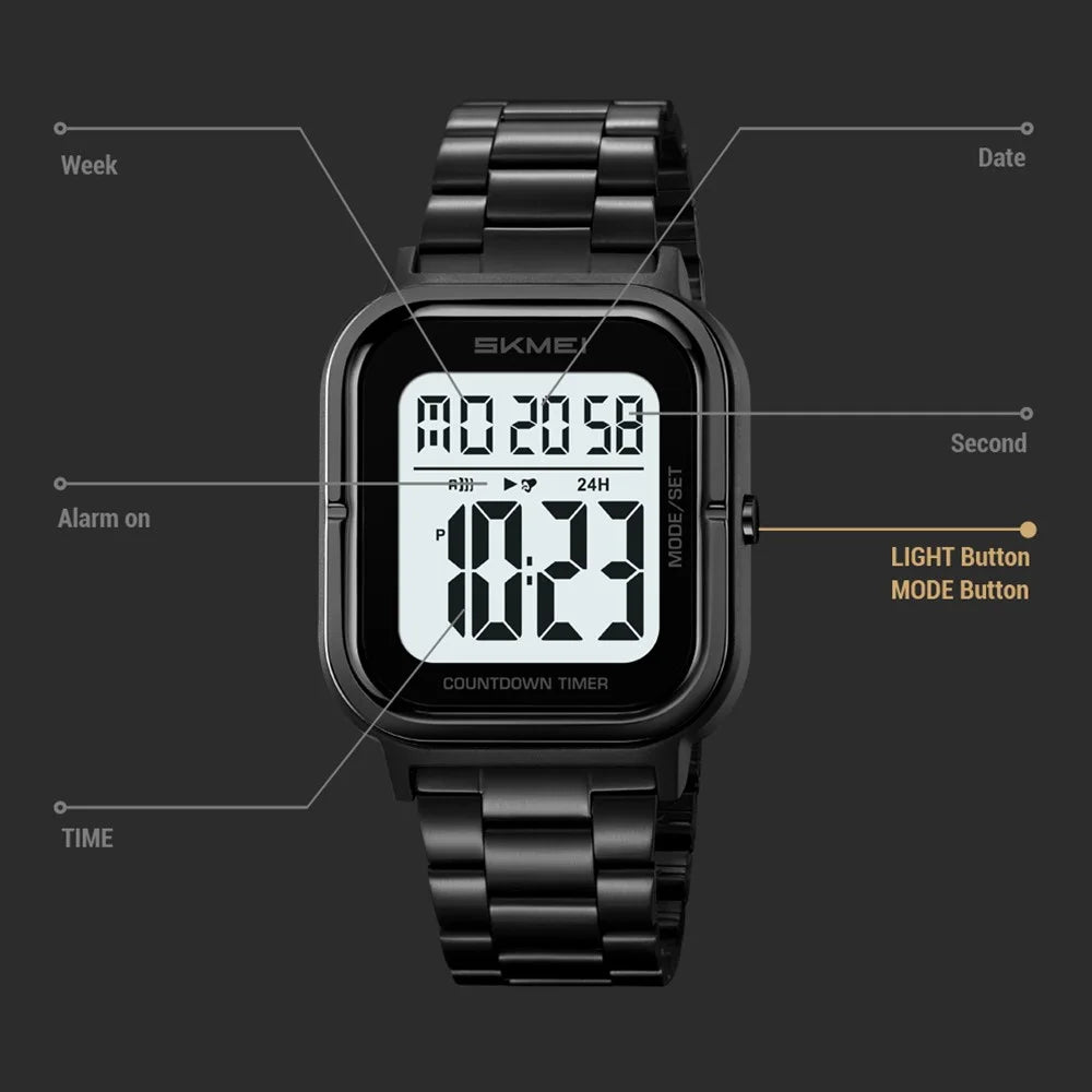 SKMEI 2316 50m Waterproof Digital Watch Square Electronic Wristwatch with EL Backlight and Stopwatch - Gold+Black / Steel Strap - 5
