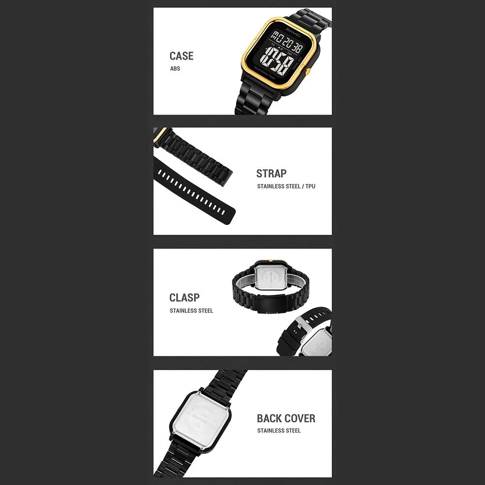 SKMEI 2316 50m Waterproof Digital Watch Square Electronic Wristwatch with EL Backlight and Stopwatch - Gold+Black / Steel Strap - 6