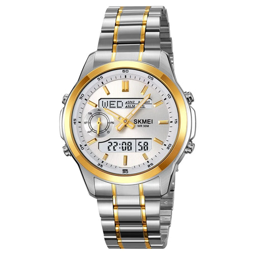 SKMEI 2284 Luxury Business Men Watch Dual Display Steel Band Quartz Wristwatch with LED Backlight - Gold Splicing - 1