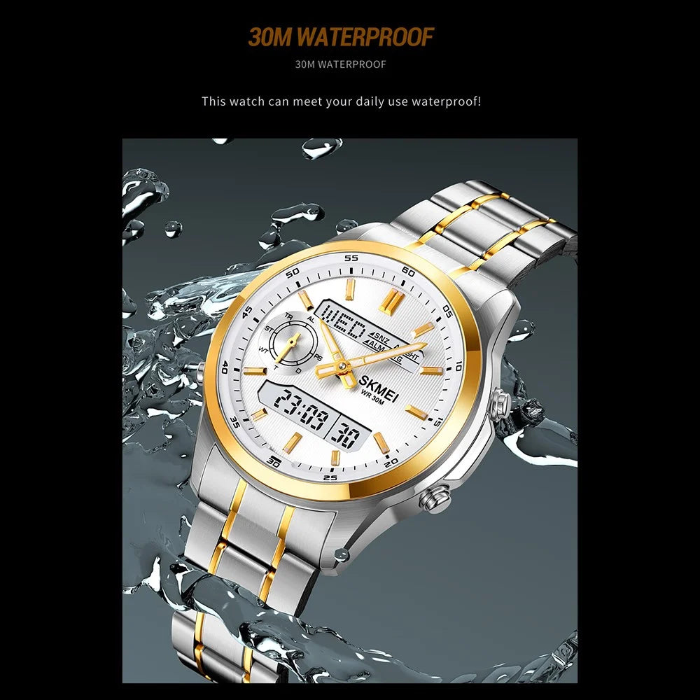 SKMEI 2284 Luxury Business Men Watch Dual Display Steel Band Quartz Wristwatch with LED Backlight - Gold Splicing - 3