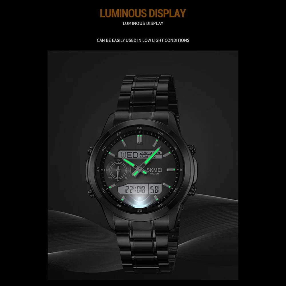 SKMEI 2284 Luxury Business Men Watch Dual Display Steel Band Quartz Wristwatch with LED Backlight - Gold Splicing - 4