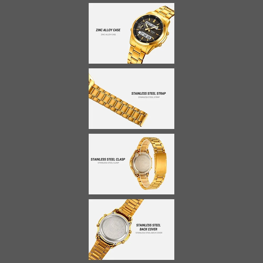 SKMEI 2284 Luxury Business Men Watch Dual Display Steel Band Quartz Wristwatch with LED Backlight - Gold Splicing - 5