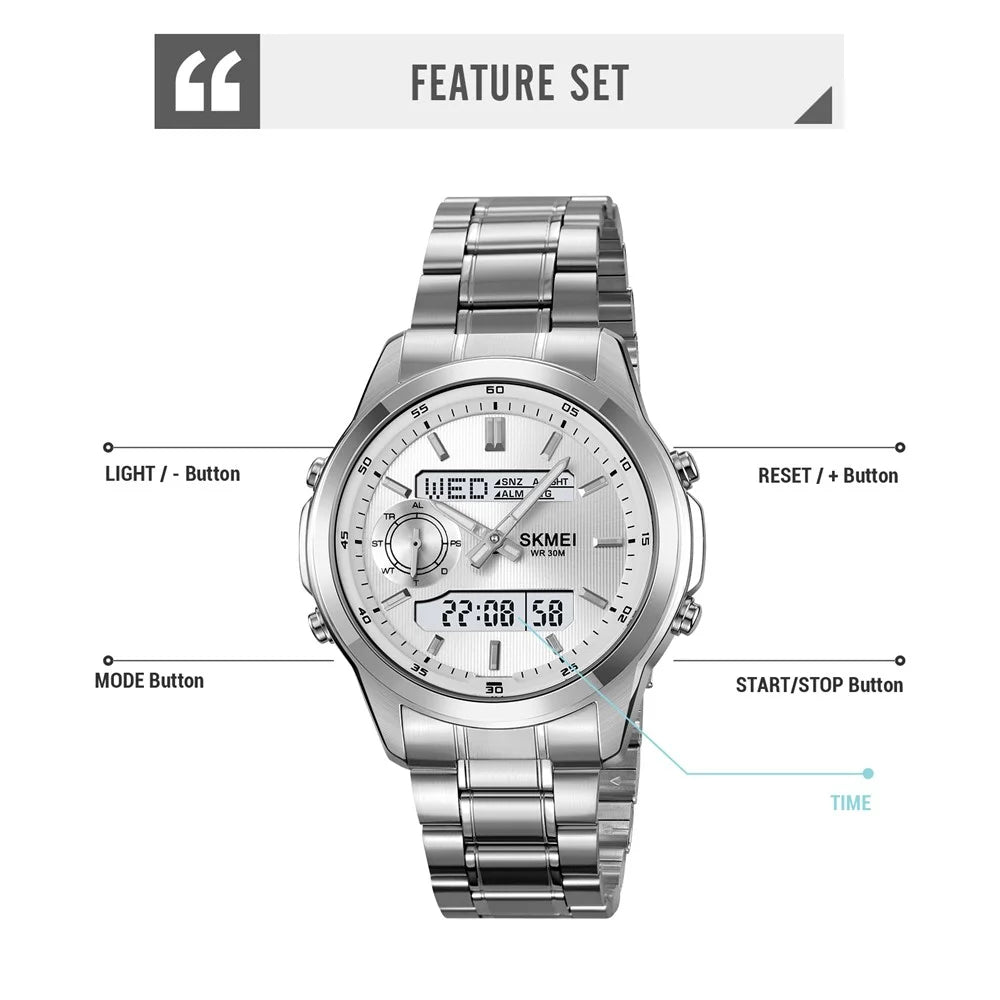 SKMEI 2284 Luxury Business Men Watch Dual Display Steel Band Quartz Wristwatch with LED Backlight - Gold Splicing - 7