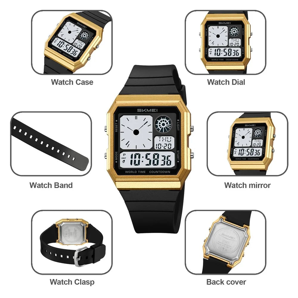 SKMEI 2347 Square Electronic Watch for Men Multifunction Sports Student Wristwatch with EL Backlit - Gold+Black - 3