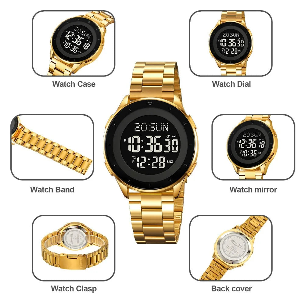 SKMEI 2302 Fashion Electronic Watch Digital Display Stopwatch Alarm Clock with Stainless Steel Band - Gold+White - 3