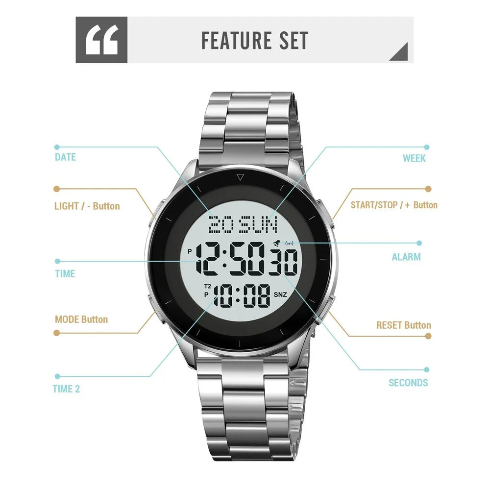 SKMEI 2302 Fashion Electronic Watch Digital Display Stopwatch Alarm Clock with Stainless Steel Band - Gold+White - 5