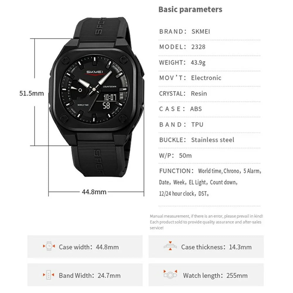 SKMEI 2328 Outdoor Student Square Electronic Watch 50M Waterproof Multifunction Sports Timepiece - Transparent Black - 7