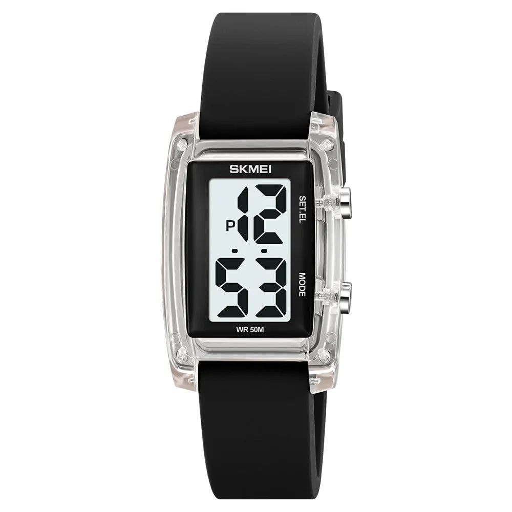 SKMEI 2325 Student Digital Watch Silicone Strap Square Electronic Wristwatch with EL Backlight - Transparent White+Black - 1