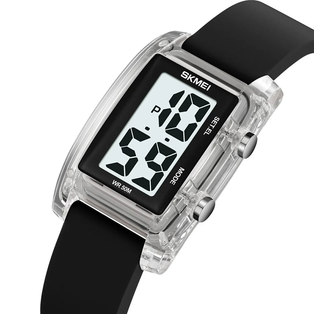SKMEI 2325 Student Digital Watch Silicone Strap Square Electronic Wristwatch with EL Backlight - Transparent White+Black - 2