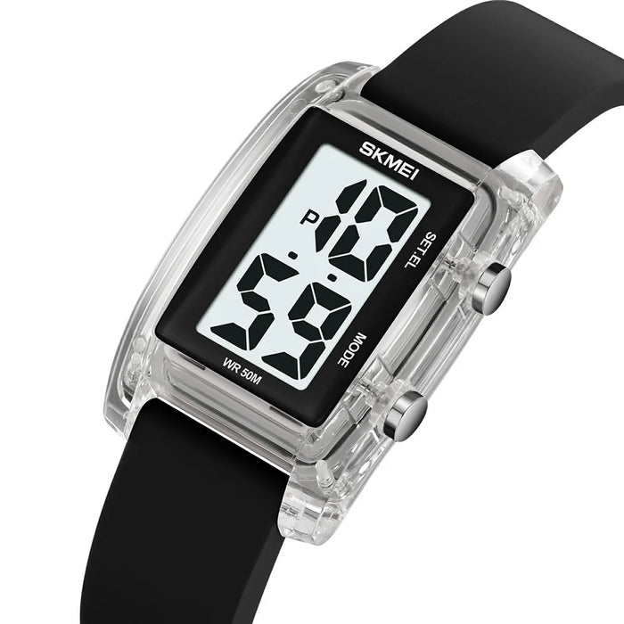 SKMEI 2325 Student Digital Watch Silicone Strap Square Electronic Wristwatch with EL Backlight - Transparent White+Black - 2