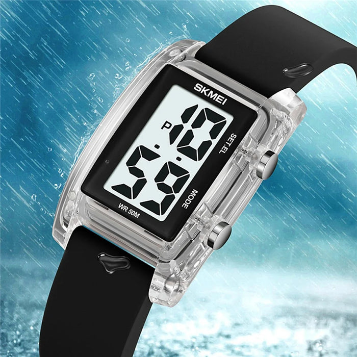 SKMEI 2325 Student Digital Watch Silicone Strap Square Electronic Wristwatch with EL Backlight - Transparent White+Black - 3