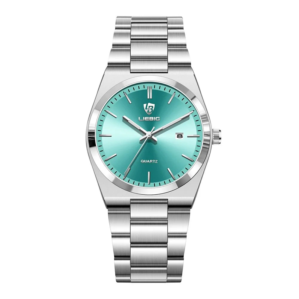 LIEBIG L1088 Business Men Steel Band Quartz Watch with Calendar Luminous Timepiece - Silver+Cyan - 2