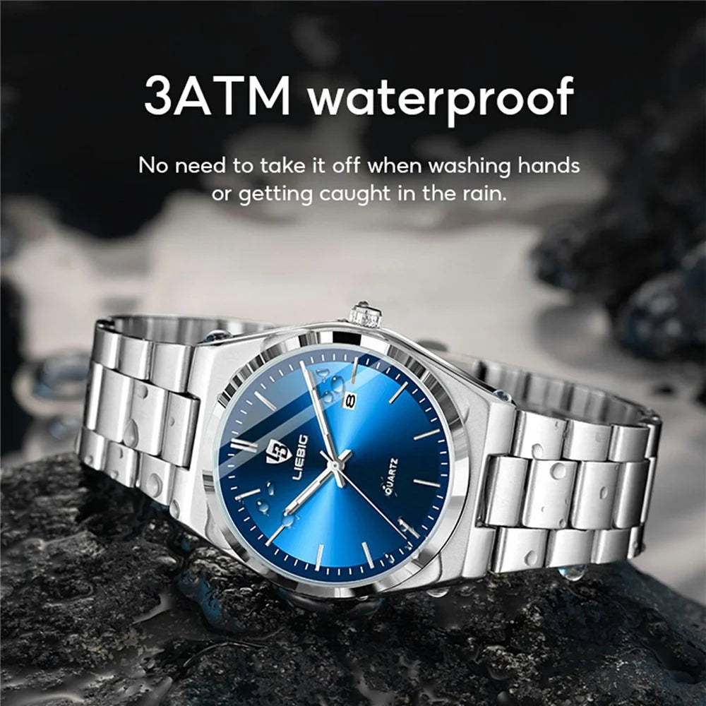 LIEBIG L1088 Business Men Steel Band Quartz Watch with Calendar Luminous Timepiece - Silver+Cyan - 7