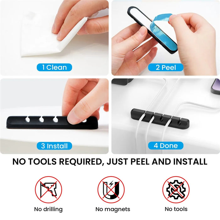 AHASTYLE WG144 Silicone Cable Clip Wire Organizer 5-Hole Adhesive Cord Management - Black - 2