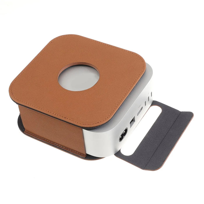 For Apple Mac Mini M4  /  M4 Pro Leather Case Protective Cover with Silicone Cable Ties - Brown - 4