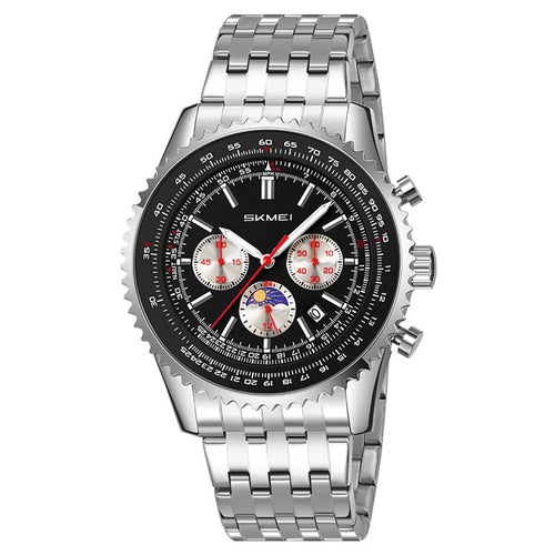 SKMEI 9348 Multifunctional Quartz Watch Three Small Dials Stainless Steel Band Waterproof Watch - Black - 1