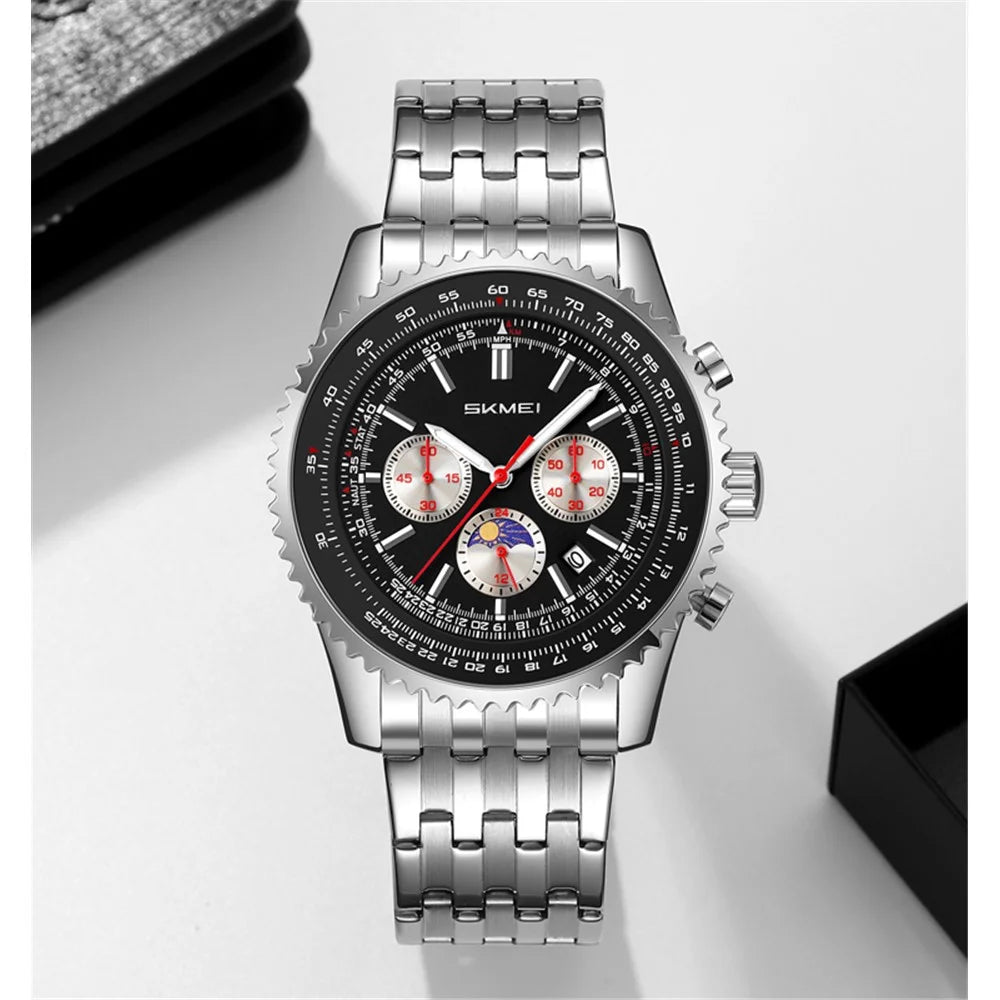 SKMEI 9348 Multifunctional Quartz Watch Three Small Dials Stainless Steel Band Waterproof Watch - Black - 2